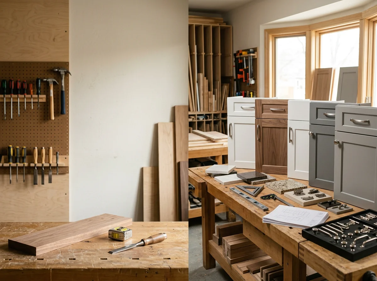 Professional kitchen remodeling workspace with tools, materials, and finished cabinetry displays showcasing craftsmanship and attention to detail.