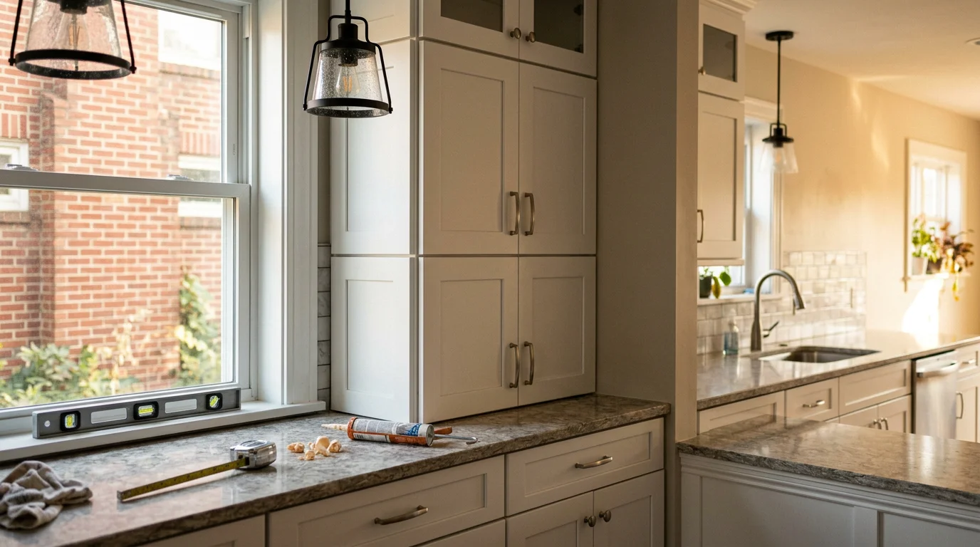 Custom kitchen cabinetry with clean lines and aligned hardware installed by professional cabinet makers