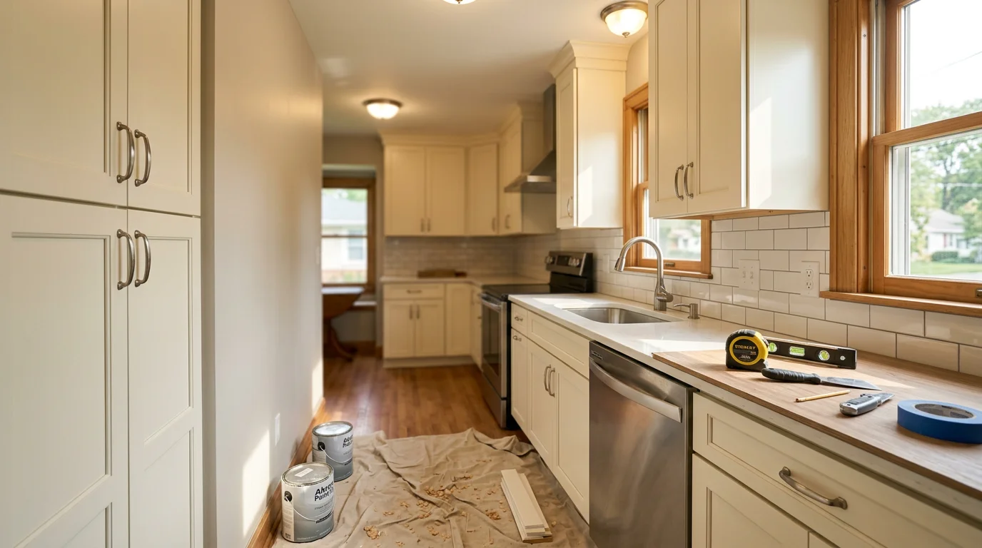 Professional kitchen remodeling crew installing custom cabinetry in a residential kitchen