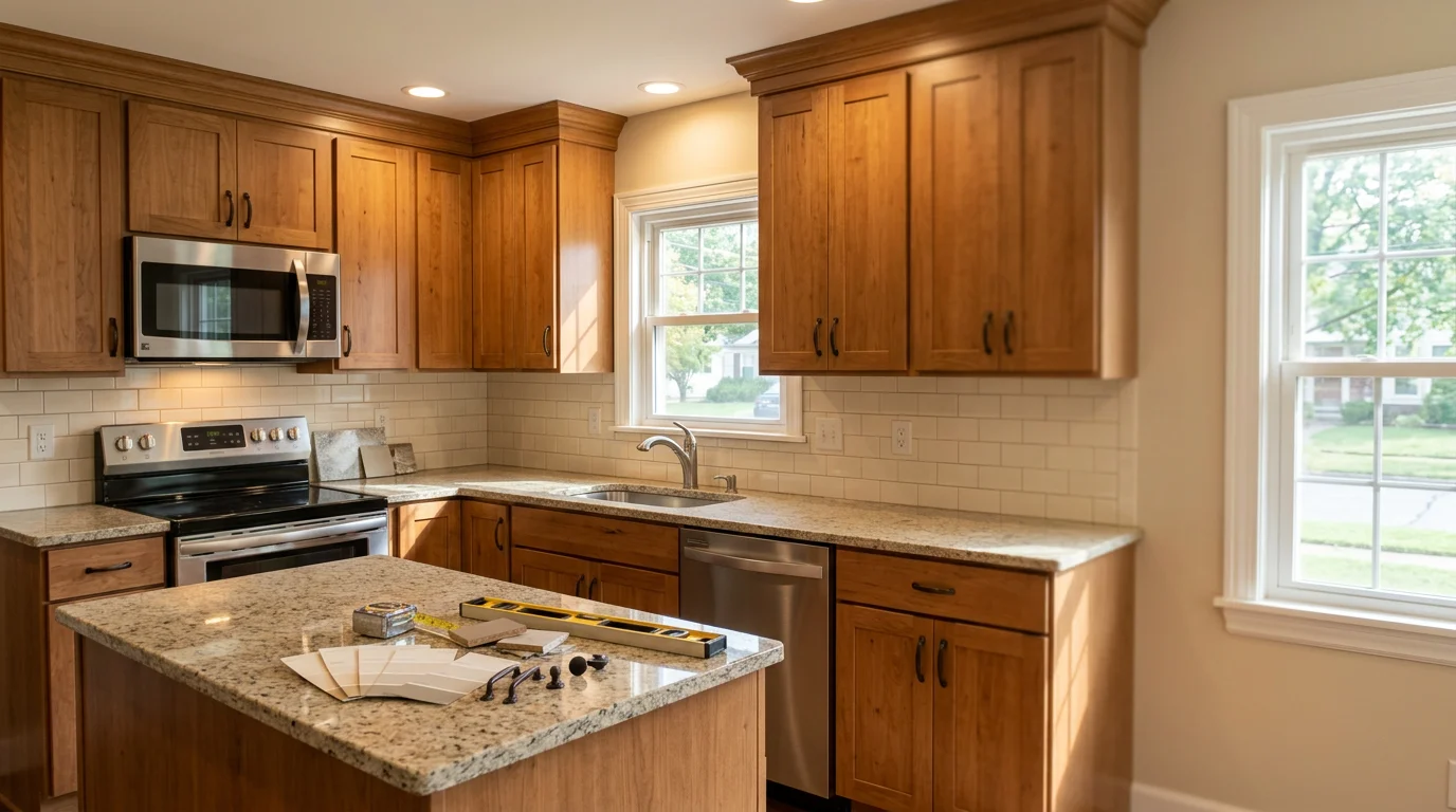 3D kitchen design rendering showing custom cabinet layout and countertop options