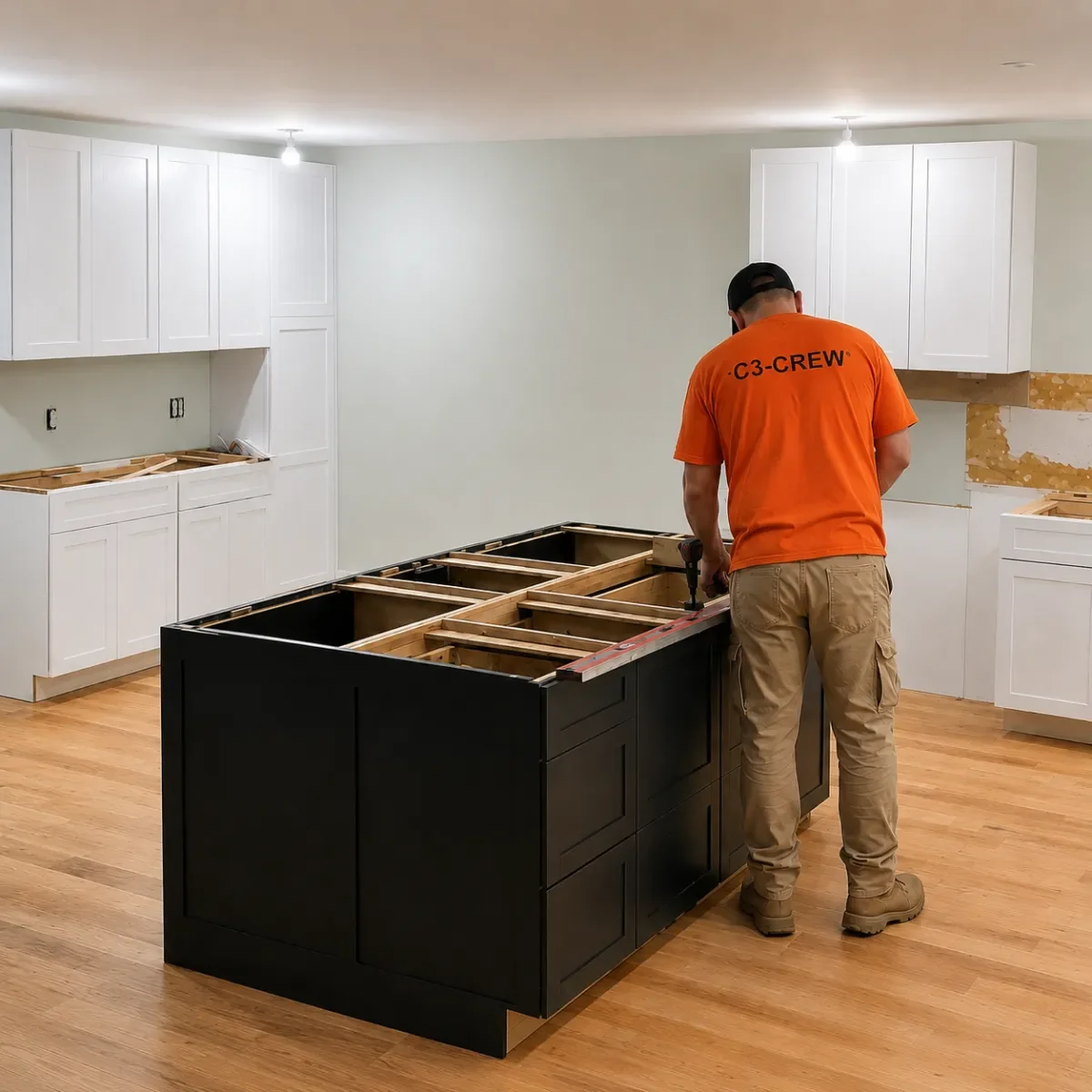 Black kitchen island with wooden frame and white cabinetry installation in progress