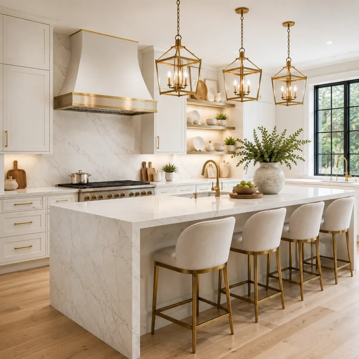 White kitchen with marble island, brass fixtures, and pendant lighting