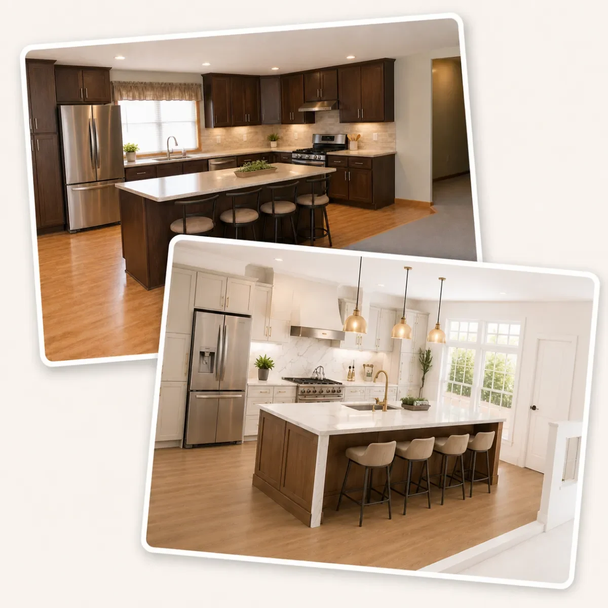 Dark wood cabinetry kitchen with stainless steel appliances, white countertops, and island seating