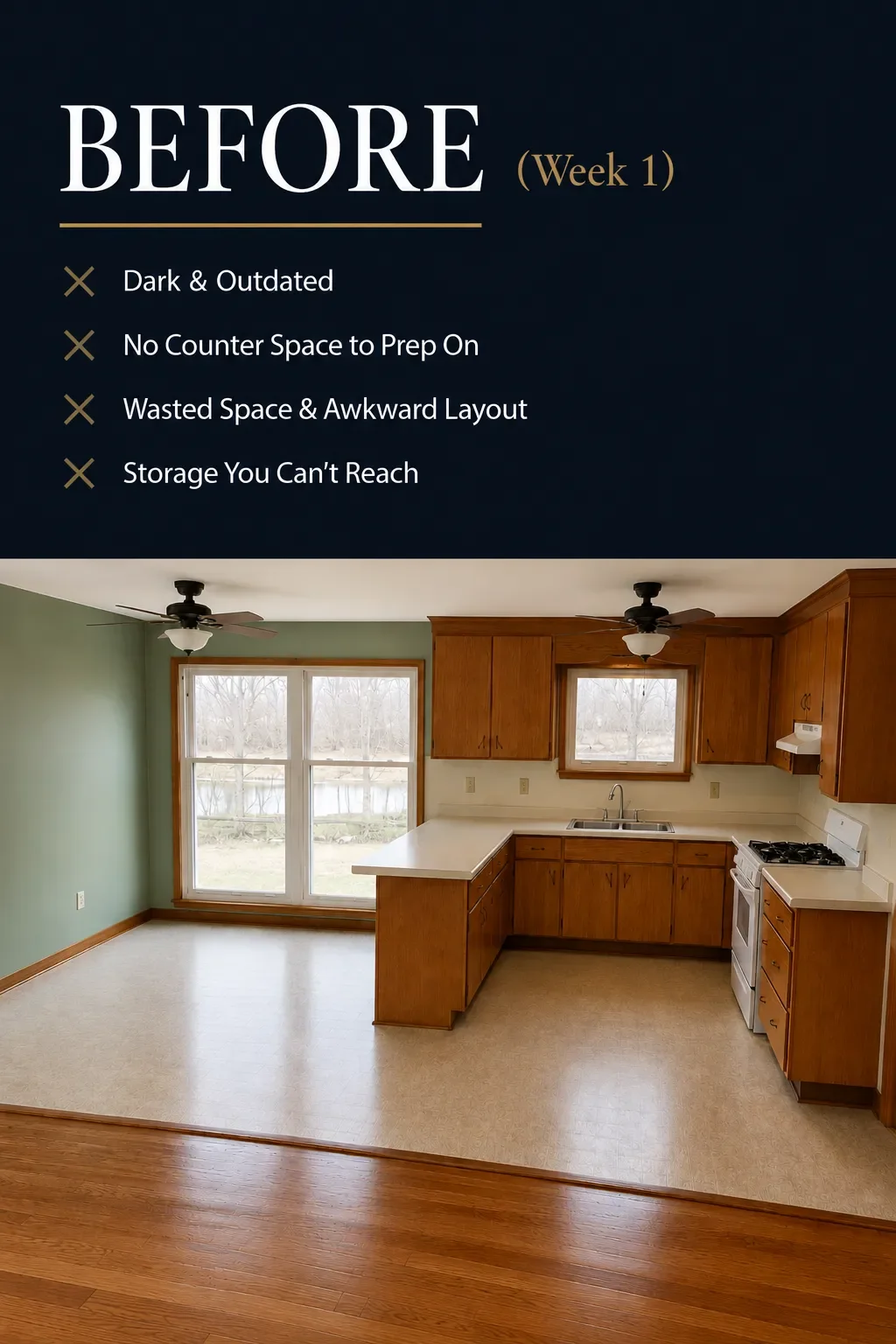 Kitchen with wood cabinets, white countertops, sink, gas range, and ceiling fans before remodel