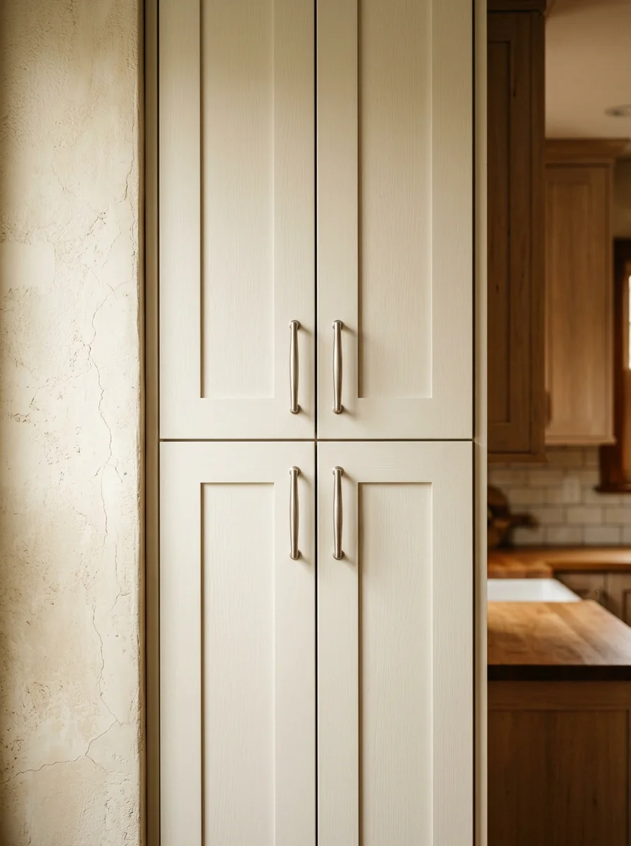 Close-up of freshly installed kitchen cabinet doors with brushed nickel pulls in an Akron home, showing tight seams and level alignment on plaster walls.