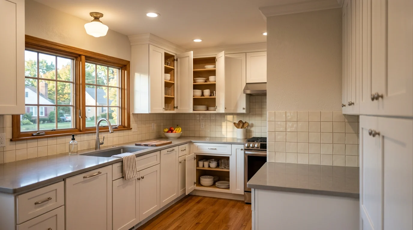 A newly remodeled kitchen inside an older Akron single-family home, featuring white shaker cabinets, quartz countertops, and updated hardware replacing the original 1950s cabinetry.