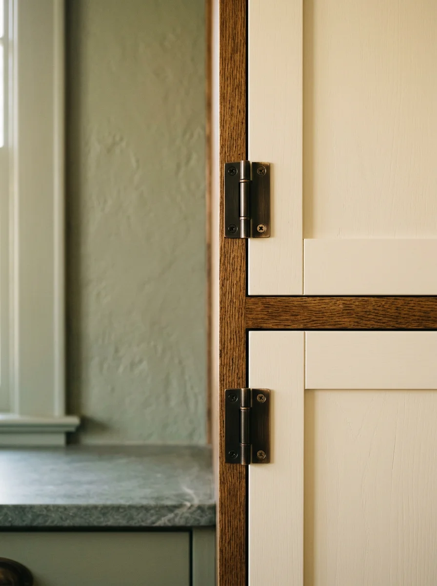 Detail shot of newly installed kitchen cabinet doors with clean seams and aligned hinges inside a Canton Colonial Heights home, showing updated hardware on original-era cabinet boxes.