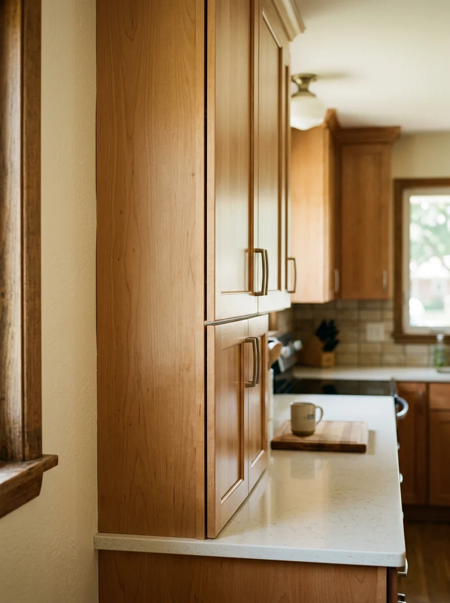 Newly installed kitchen cabinets with brushed hardware inside a mid-century ranch home in the Steels Corners area of Cuyahoga Falls, showing a clean cabinet run with consistent door alignment.