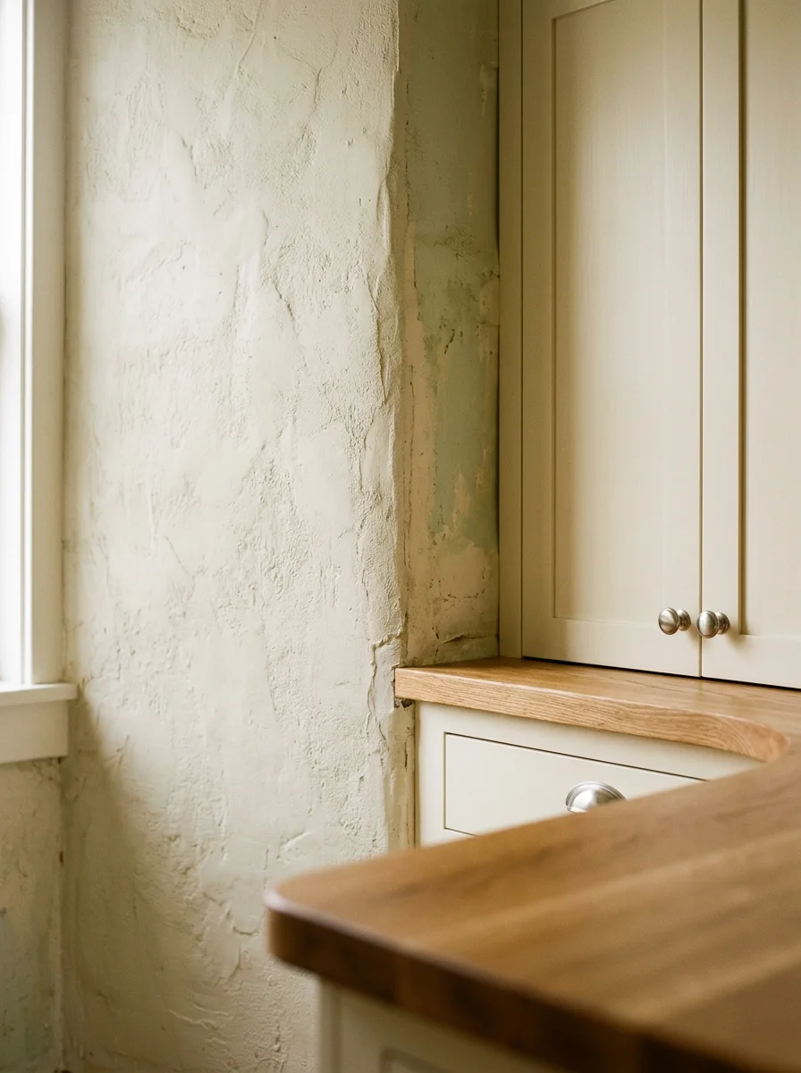 Detail of newly installed kitchen cabinets in a Medina city-center bungalow, showing custom-fitted cabinet doors on non-standard wall dimensions with brushed hardware and a clean countertop edge.