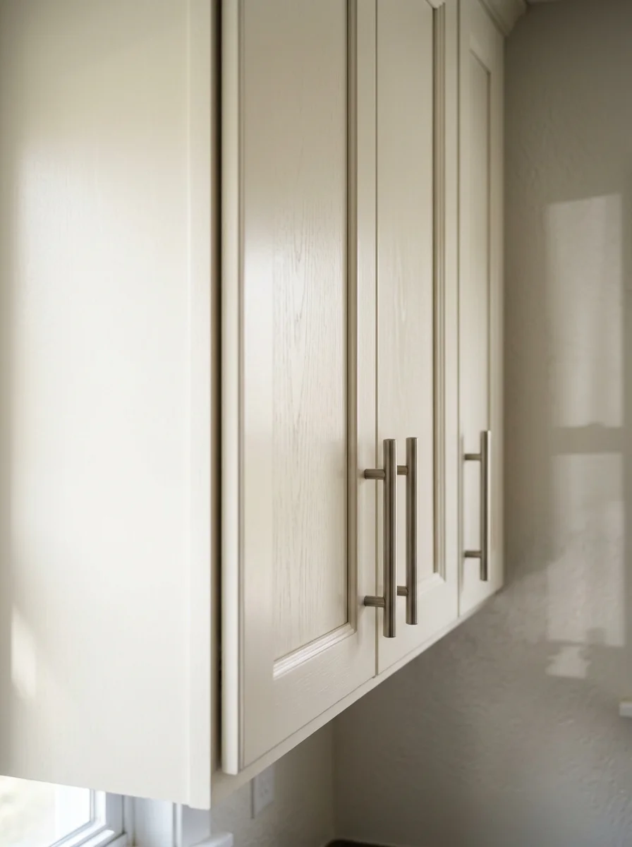 Close-up of new kitchen cabinet installation in a Parma cape cod home, showing properly aligned doors and brushed nickel hardware on an exterior wall that was previously prone to moisture damage.