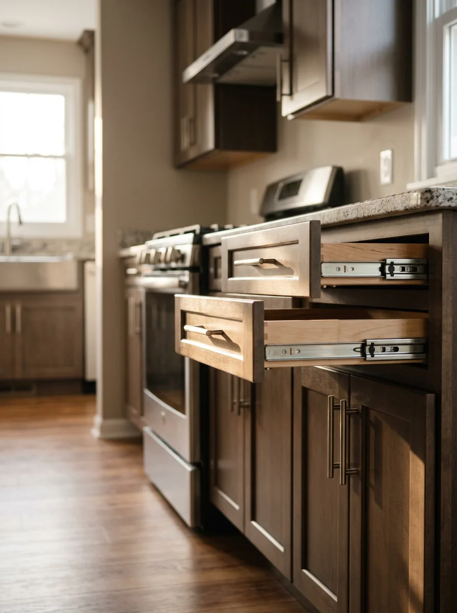 Detail of newly installed kitchen island cabinets in a Strongsville home, showing full-extension drawer slides, consistent door alignment, and brushed nickel hardware on a large open-concept kitchen layout.