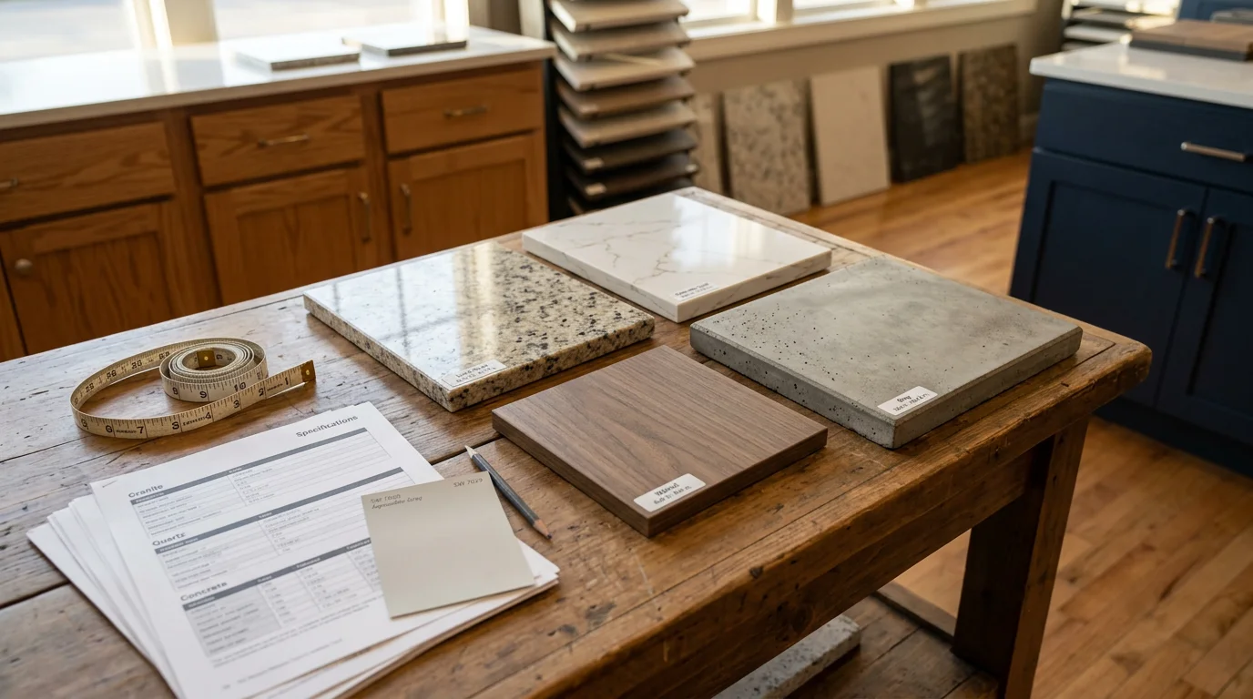 A countertop selection consultation in an Akron, OH kitchen, showing granite, quartz, and laminate samples laid out on an existing countertop surface for comparison. A homeowner reviews material options with a C-3 Crew consultant in a residential kitchen setting.