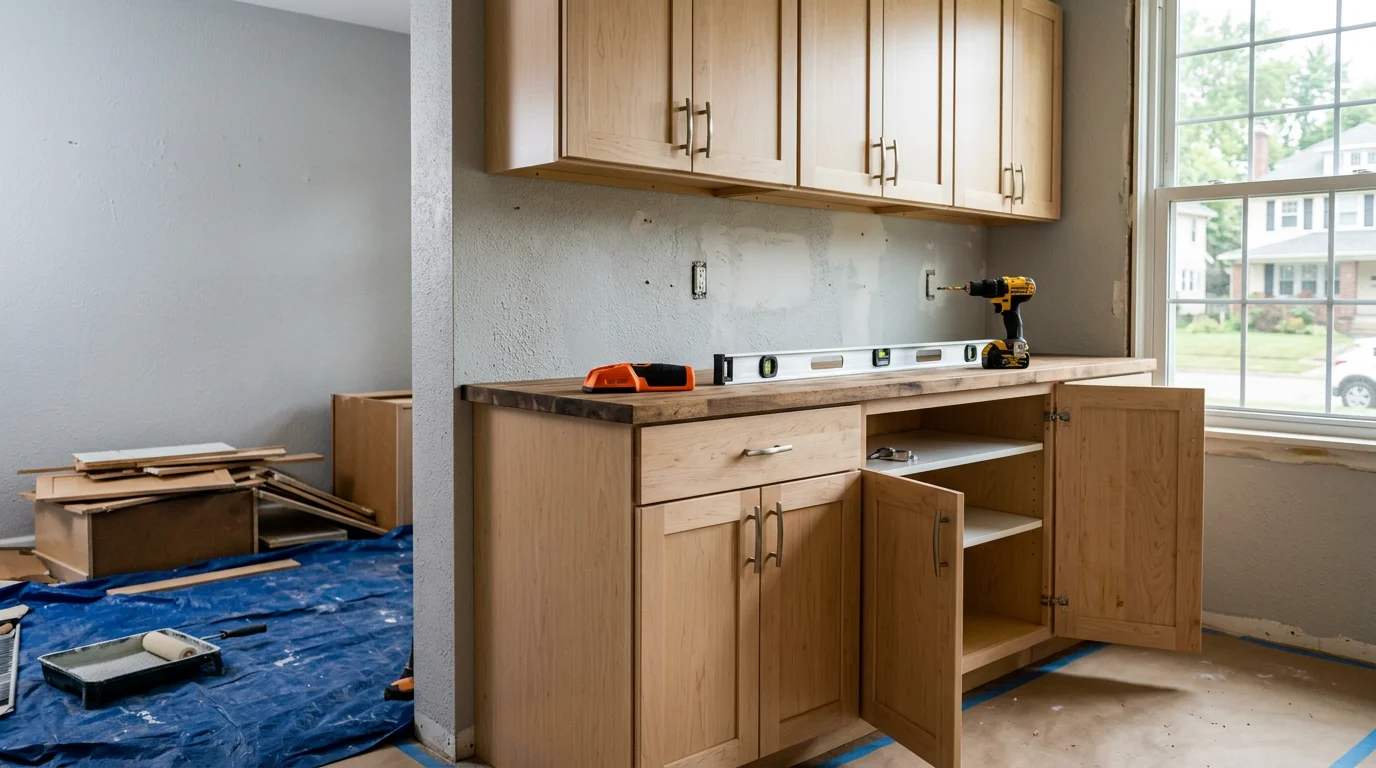 Newly installed white shaker kitchen cabinets with open shelving and under-cabinet lighting in an Akron, Ohio home. Base and wall cabinets are fully fitted with hardware, showing a clean, finished kitchen interior.