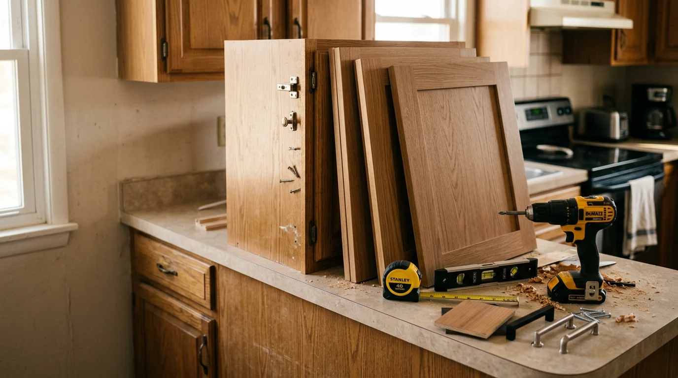 Newly refaced kitchen cabinets in an Akron, OH home featuring shaker-style doors with a stained wood veneer finish and updated hardware. The existing cabinet boxes remain in place while the doors, drawer fronts, and face frames show a clean, updated appearance.