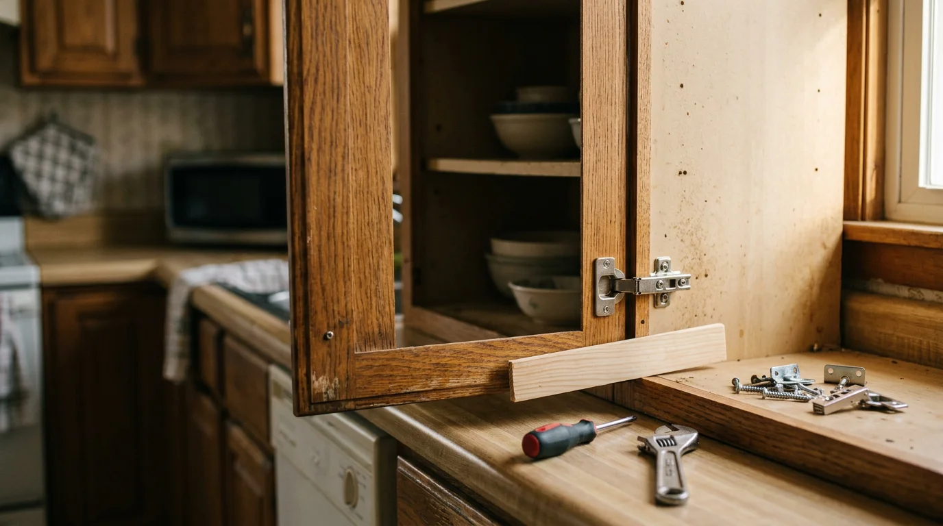 Close-up of a repaired kitchen cabinet door in an Akron, Ohio home, showing a realigned frame and restored wood finish. A cabinet maker adjusts the hinge hardware to bring the door flush with the surrounding cabinet face.