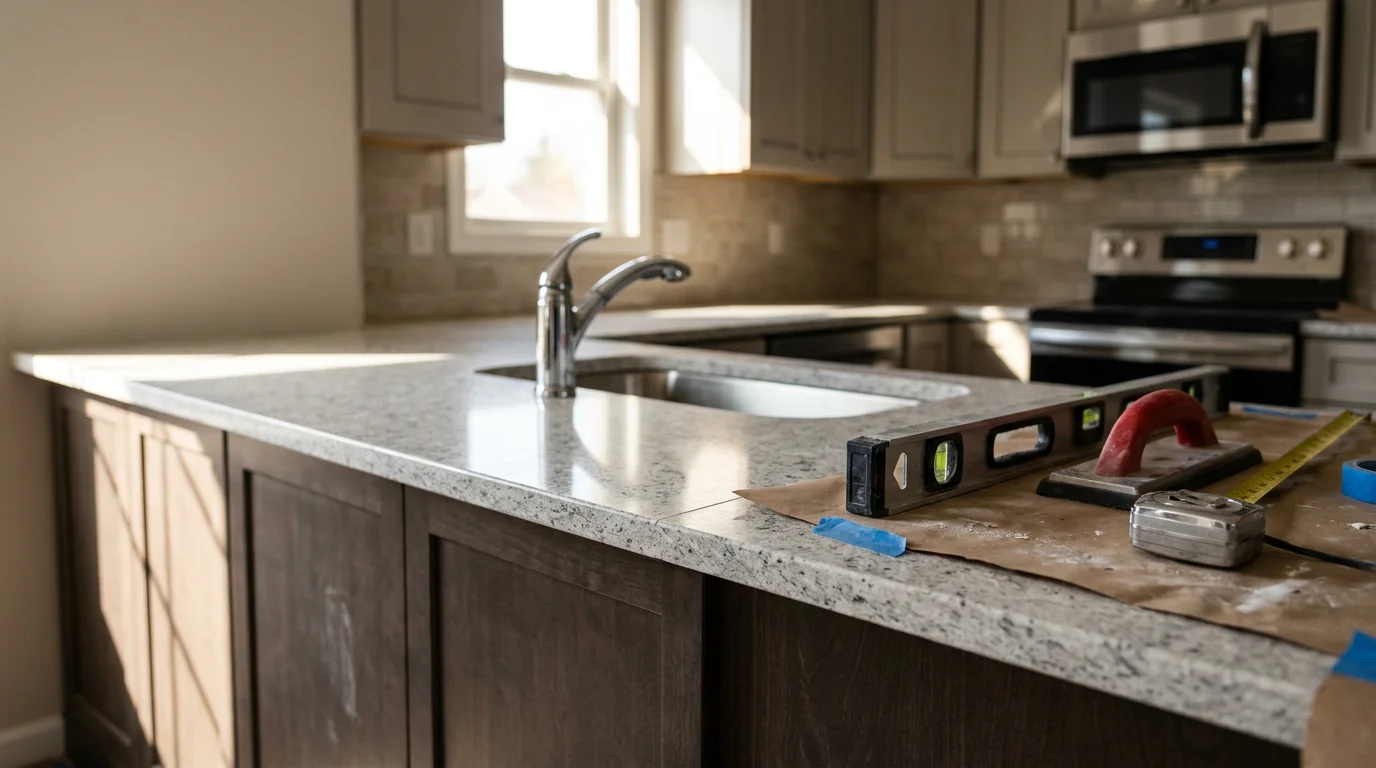 Newly installed kitchen countertop in an Akron, Ohio home, showing clean seams around the sink cutout and a smooth surface fitted tightly against the cabinetry. The finished installation reflects a complete countertop replacement in a Northeast Ohio residential kitchen.