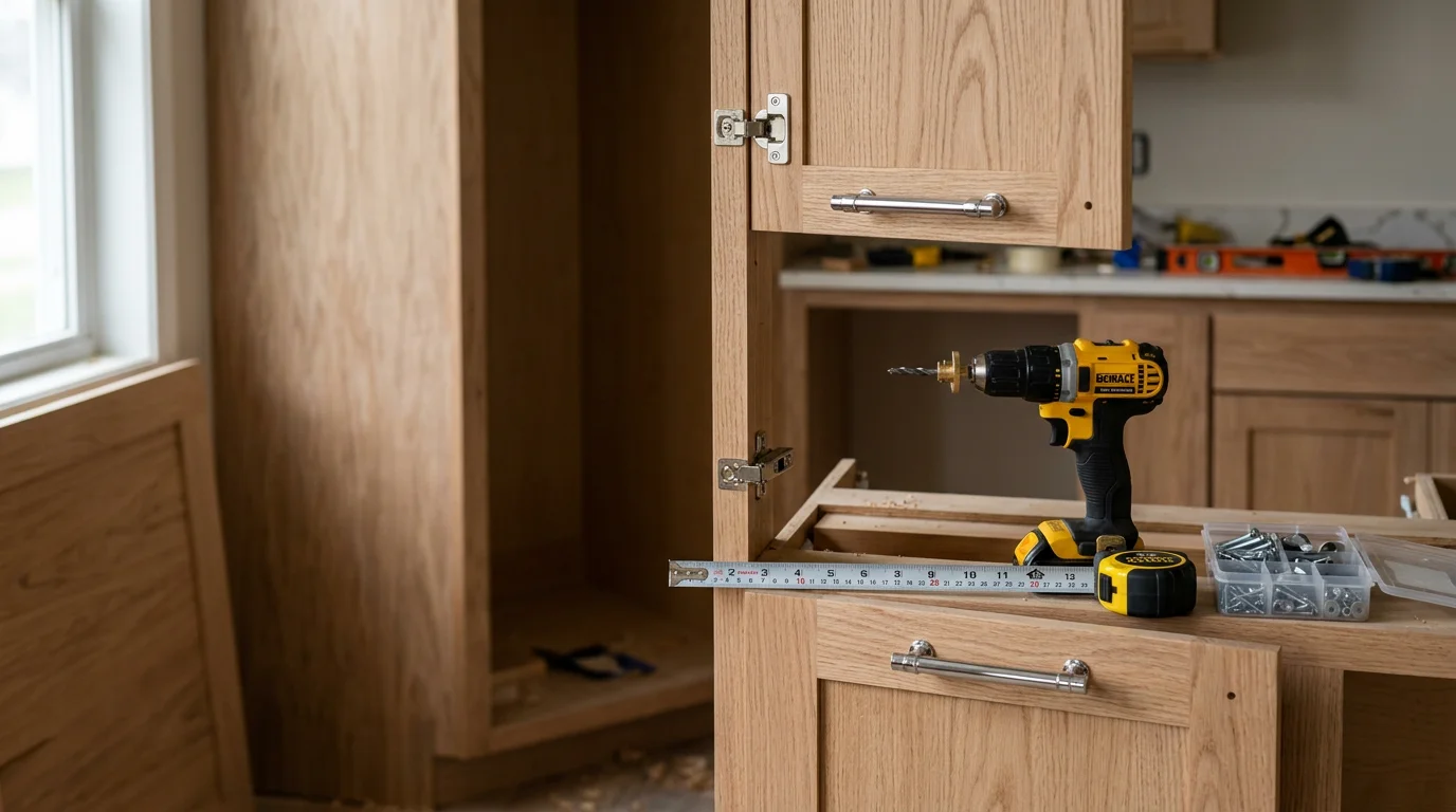 Freshly installed bar pulls and cabinet knobs on white kitchen cabinets in an Akron, OH home. Hardware is evenly spaced and flush against the cabinet doors and drawer fronts.