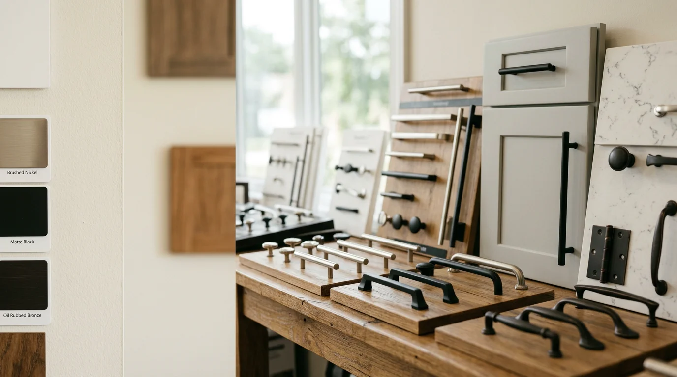A close-up view of cabinet knobs and bar pulls in brushed nickel and matte black finishes laid out on a kitchen countertop during a hardware selection consultation in Akron, Ohio. Various hardware styles are arranged side by side to compare scale and finish against white cabinet doors.
