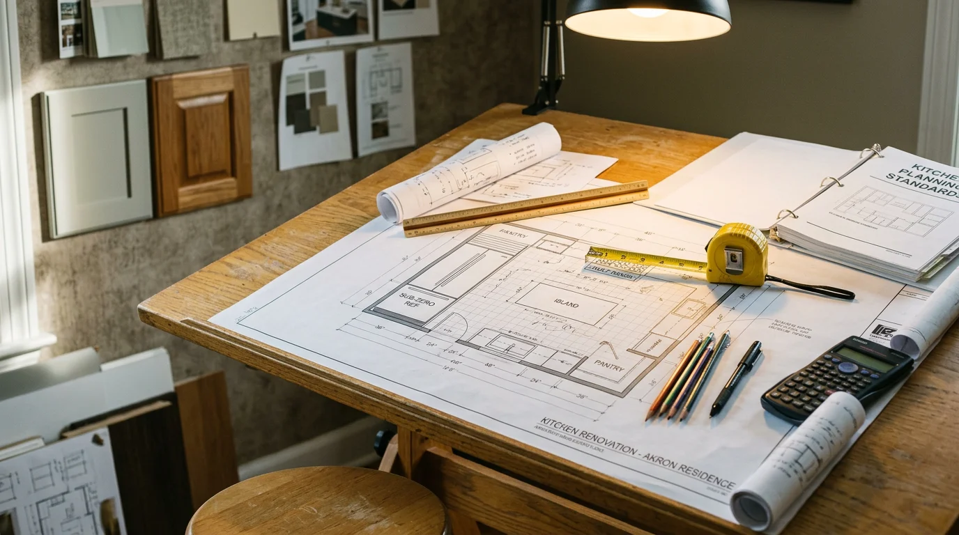 A detailed kitchen floor plan laid flat on a work surface showing appliance positions, cabinet runs, and aisle measurements for an Akron, OH home renovation project. The plan includes marked zones for the sink, range, and refrigerator with clearance dimensions noted alongside a galley-style layout.
