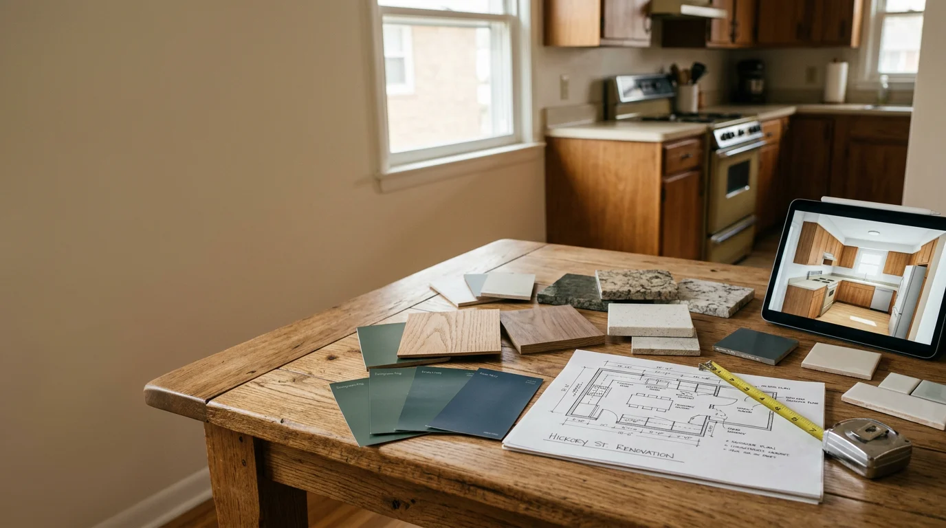 A kitchen remodeling consultation in an Akron, Ohio home, showing a homeowner and a C-3 Crew representative reviewing the existing kitchen layout and discussing cabinet and countertop options. The kitchen features older cabinetry typical of Northeast Ohio residential construction, with natural light from a window above the sink.