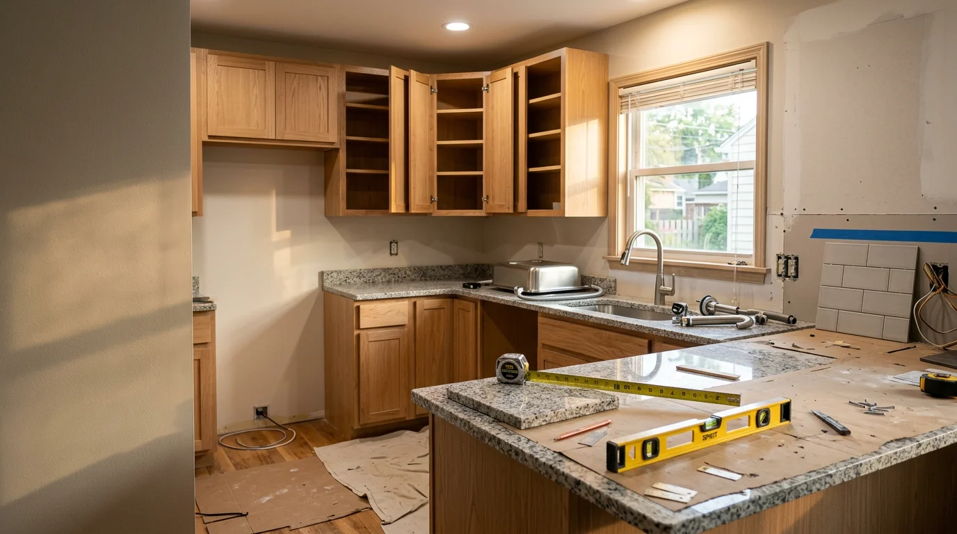 Newly remodeled kitchen in an Akron, Ohio home featuring updated cabinetry, fresh countertops, and an open layout with improved task lighting. The finished space shows a clean, functional design built for everyday use.
